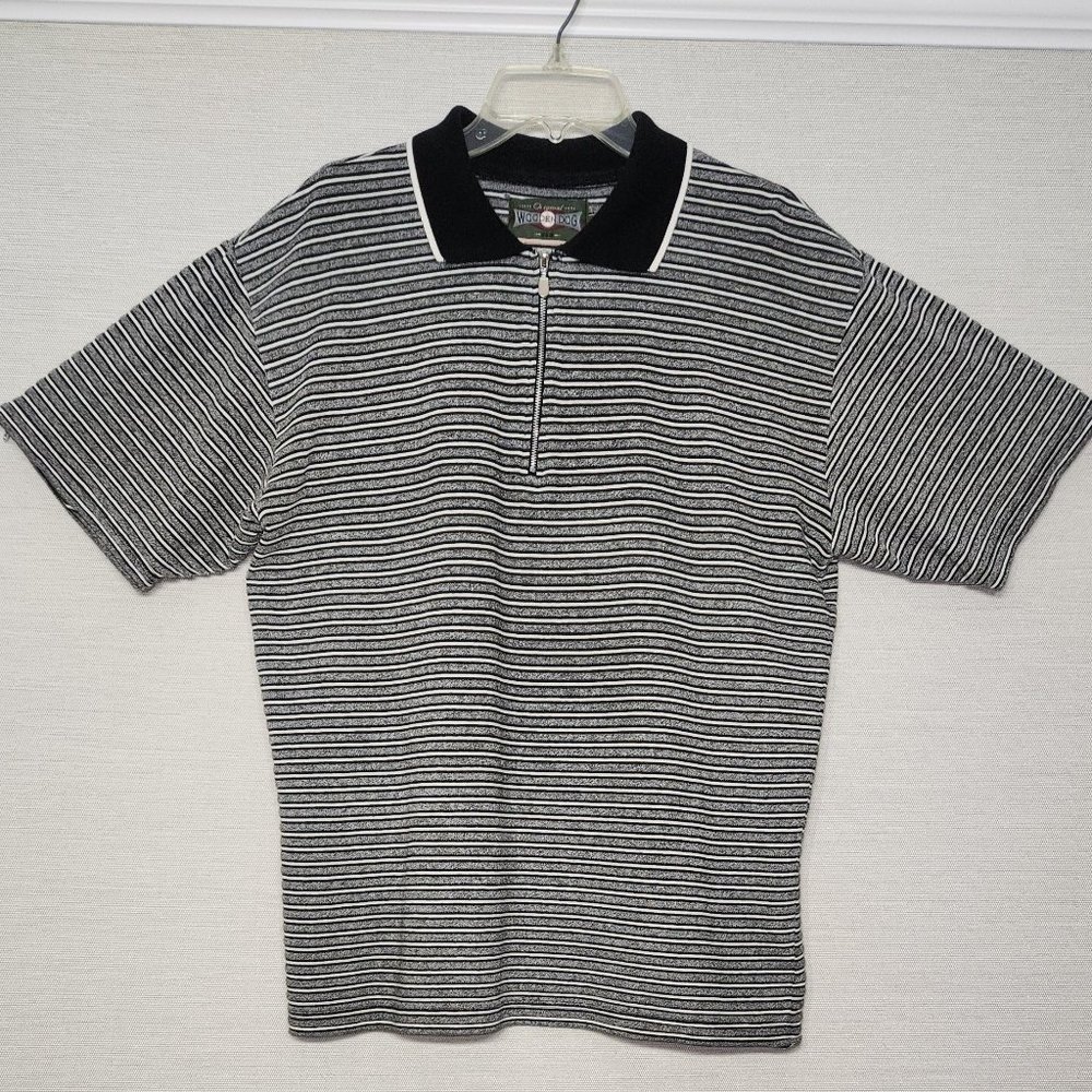 Men's Wooden Dog 1/4 zip shirt. Vintage, Grey/Black/White, Medium